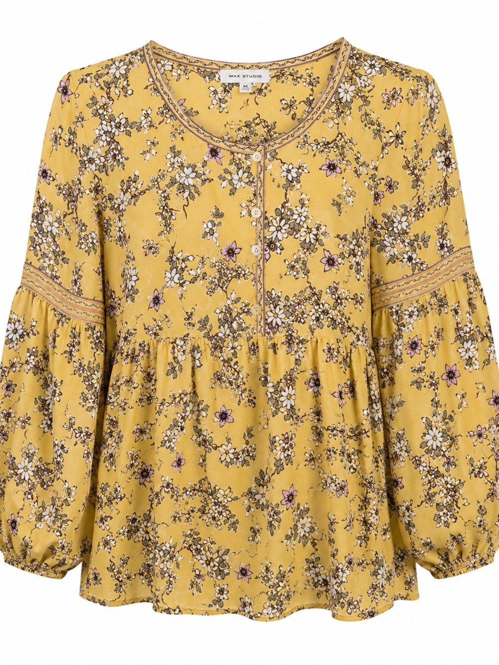 Max Studio Yellow Floral Peasant Top with Balloon Sleeves